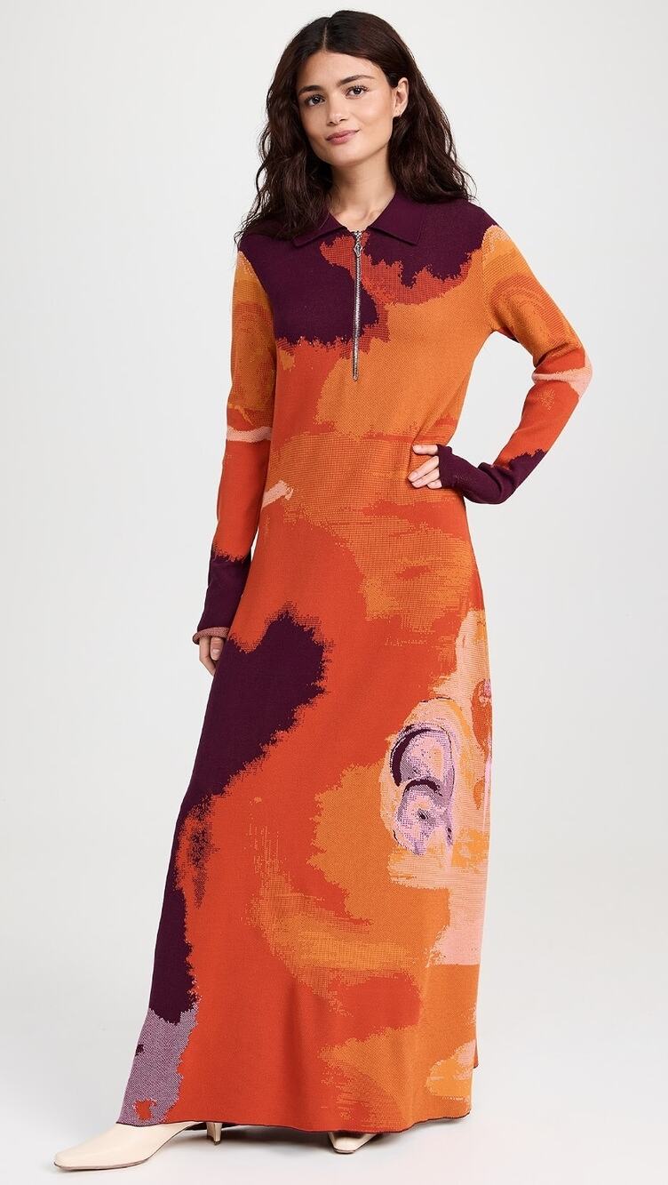 Rodebjer Sz S Clemins Orange Intarsia Knit Abstract Long Sleeve Polo Maxi Dress